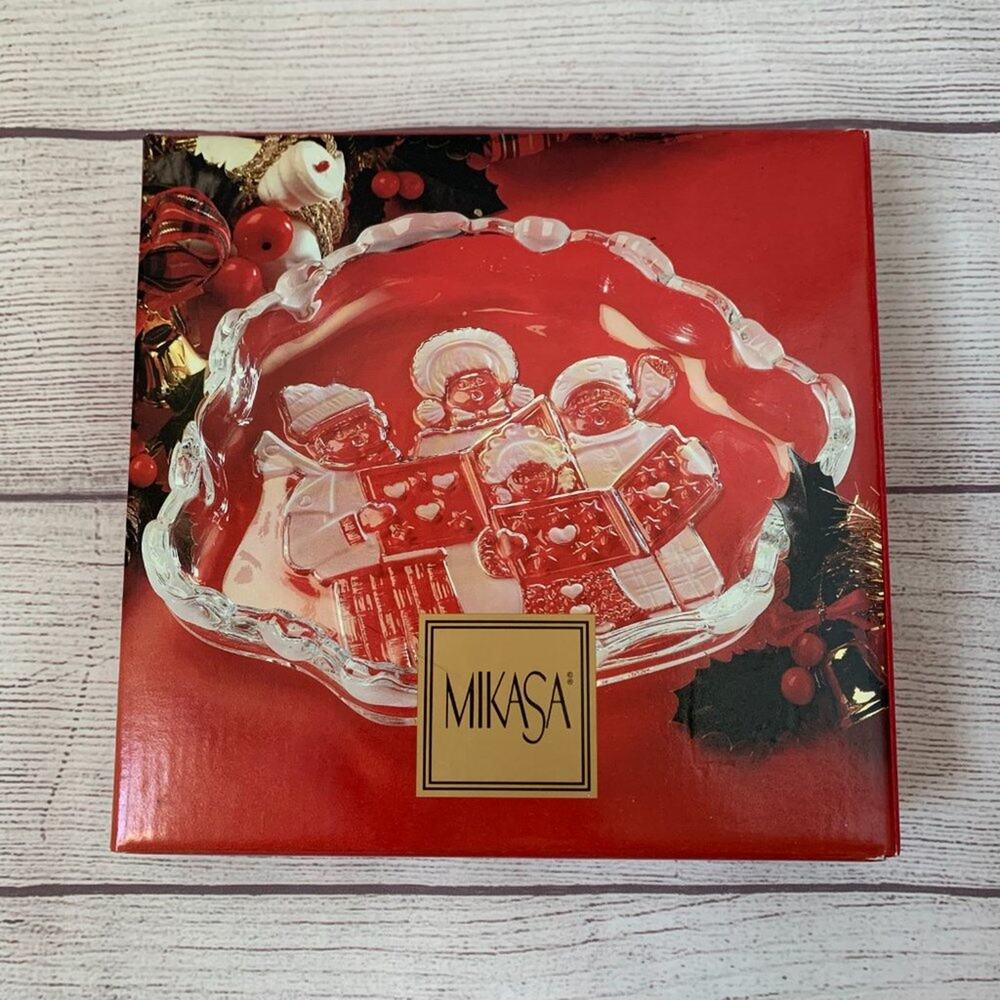 Vintage Mikasa Crystal Carolers Sweet Dish Christmas Candy Bowl Germany with Box